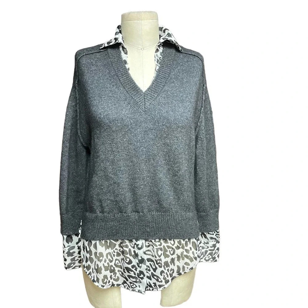 Brochu Walker Layered Wool Cashmere Sweater Dark Charccoal Leopard Print Size XS